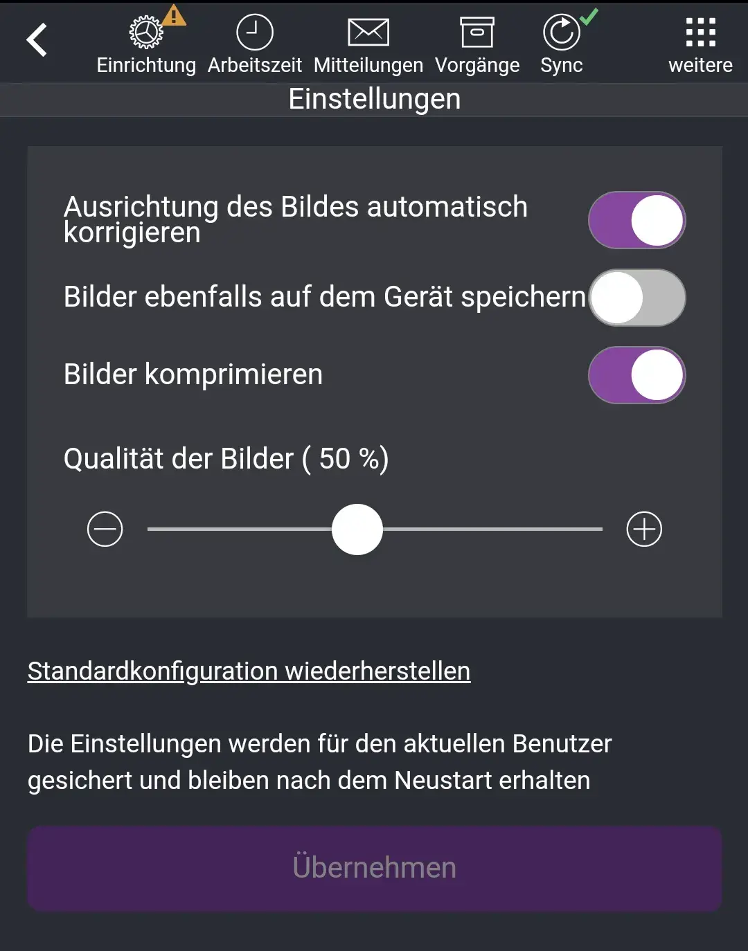 App, Einstellungen, Menue