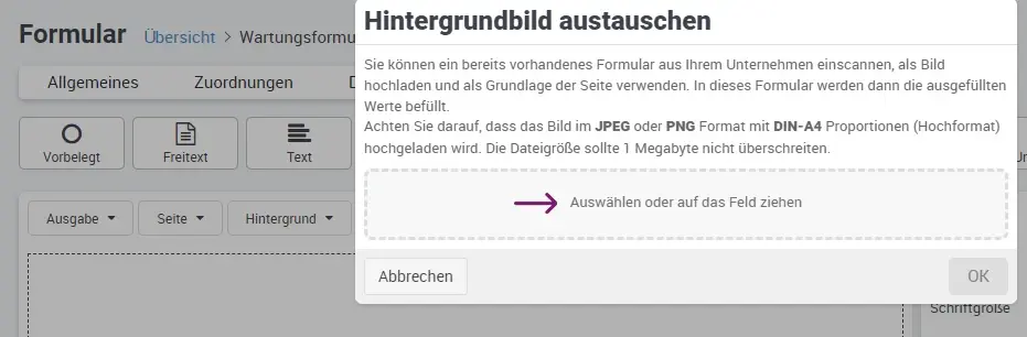 Formular anlegen Hintergrundbild austauschen