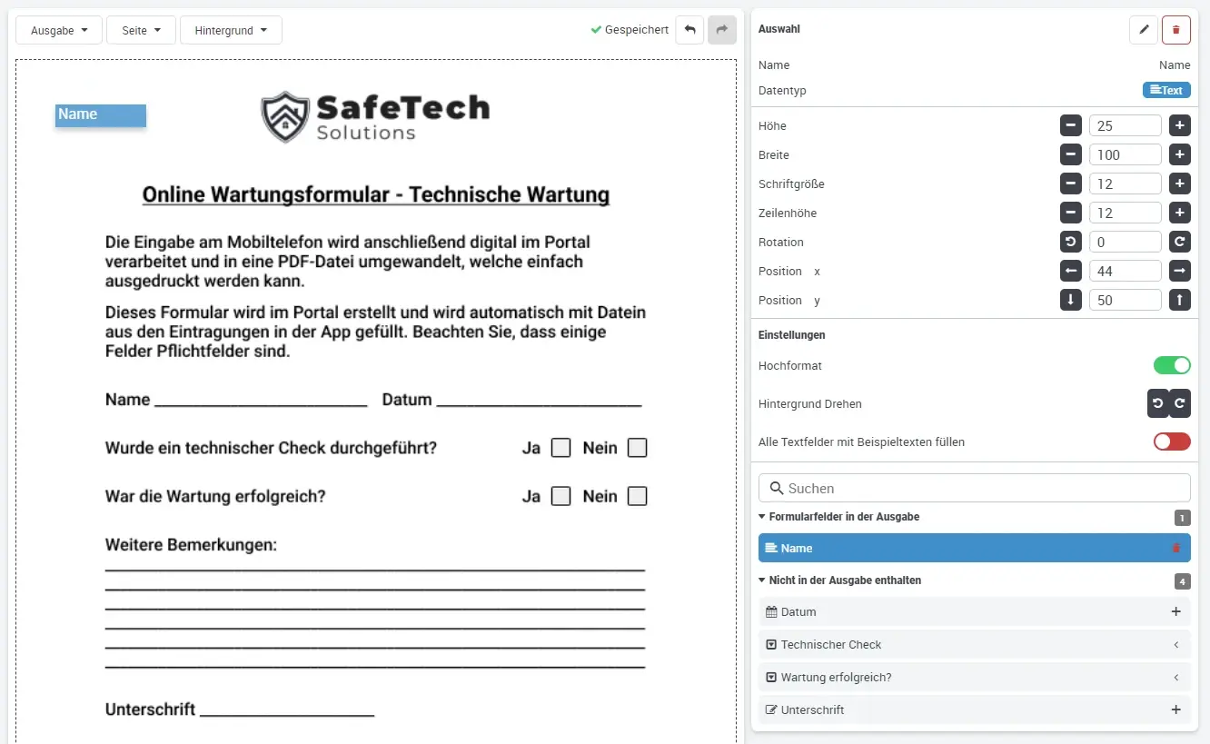 Formular anlegen Datenfelder