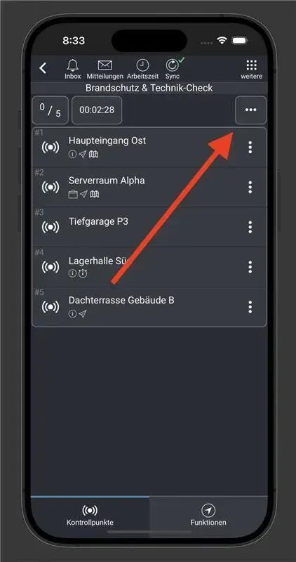 Rundgang Aufgabenliste mit Menüoptionen