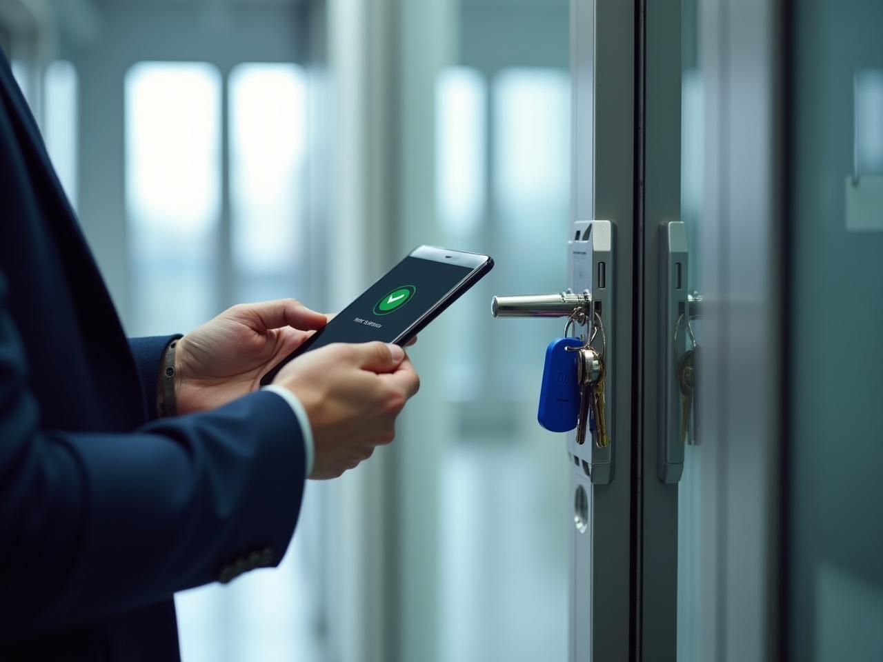 Person hält ein Smartphone mit geöffneter Zutritts-App vor eine Glastür mit Türschloss und Schlüsselbund, darunter auch ein blauer NFC-Tag – Symbol für digitale Zugangskontrolle.